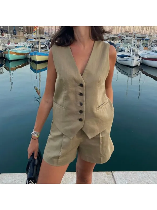 Minimalist Cotton And Linen Vest And Shorts Urban Commuting Two-piece Set - Realyiyi.com 