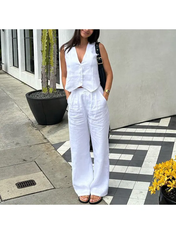 Minimalist Cotton Button Vest And Trousers Urban Two-piece Set - Realyiyi.com 
