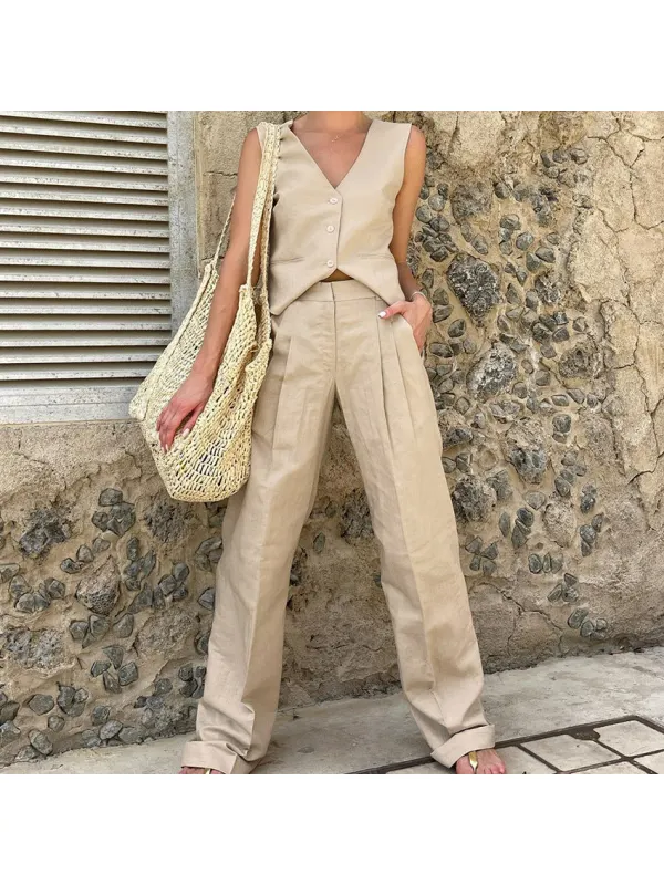Minimalist Cotton Button Vest And Trousers Urban Two-piece Set - Realyiyi.com 