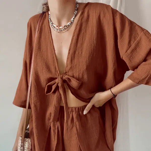 Ladies Cotton And Linen Loose Two-piece Set - Salolist.com 