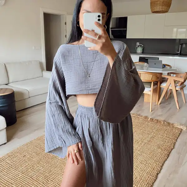 Vacation Cropped Top High Waist Chic Slit Linen Casual Two-Piece Set - Albionstyle.com 