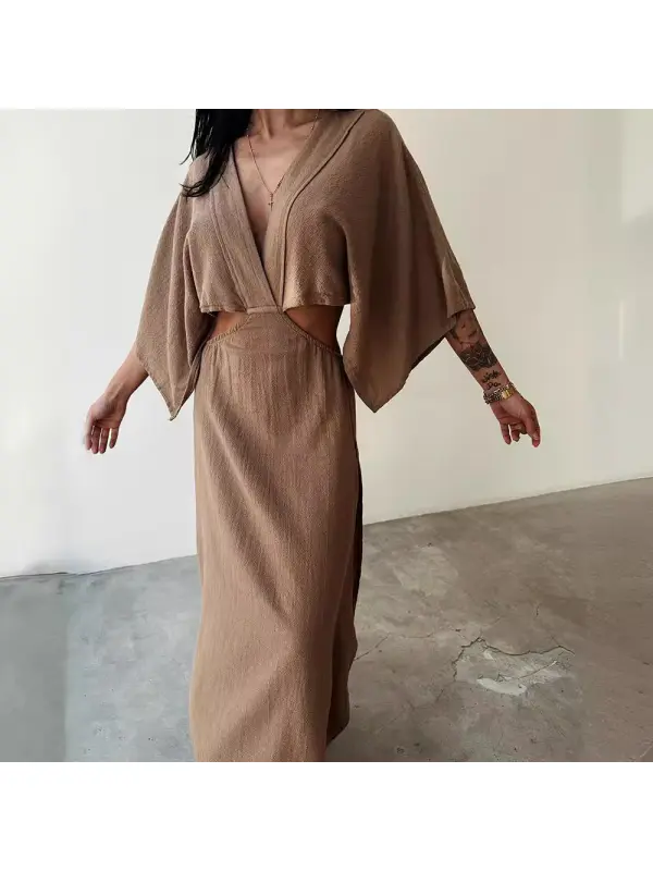 Hollow Backless Sexy Slim Waist V-neck High Slit Solid Color Cotton And Linen Dress - Cominbuy.com 