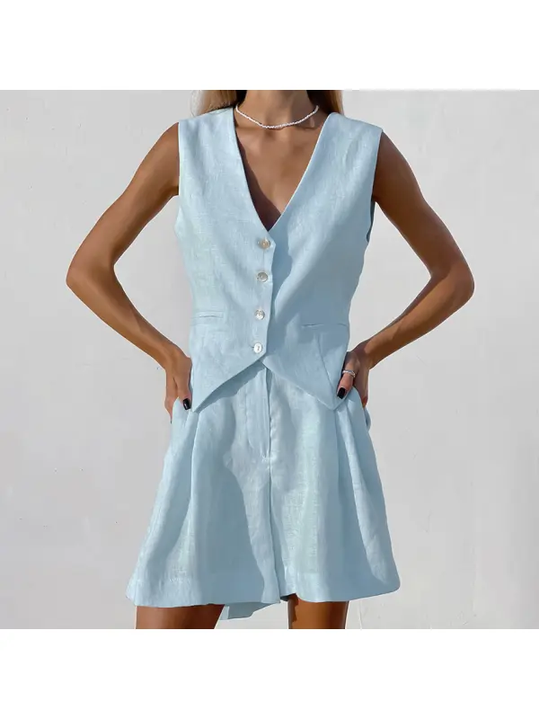 Design Cotton And Linen Suit Vest Suit Women's Summer Leisure Sleeveless Vest Shorts Two-piece Suit - Fithuge.com 
