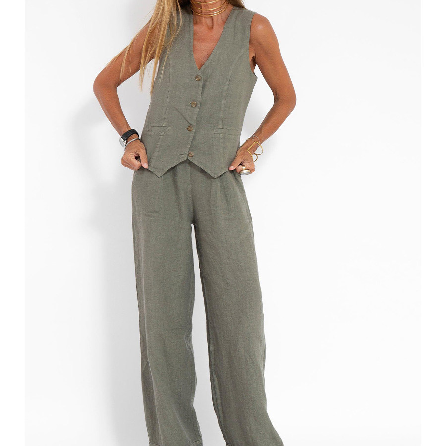 

Fashion Vest Trousers Patchwork Cotton And Linen Casual Suit