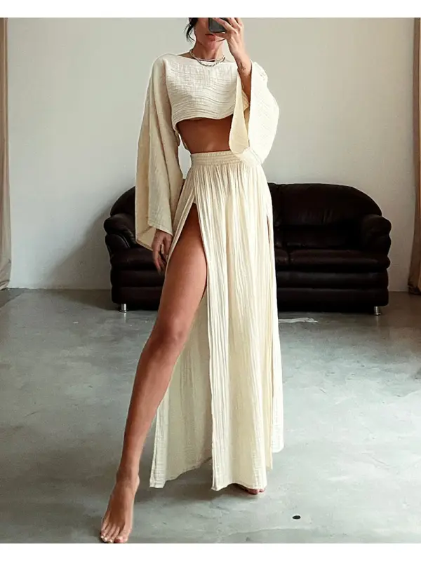 Vacation Cropped Top High Waist Chic Slit Linen Casual Two-Piece Set - Ininrubyclub.com 