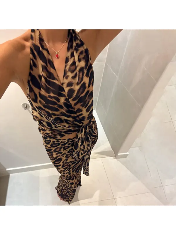 Leopard Print Neck Strap Wooden Ear Vest Dress - Viewbena.com 