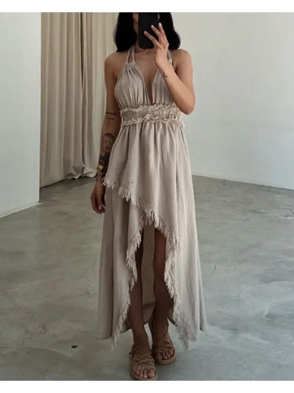 Asymmetric High Slit Linen Dress - Cominbuy.com 