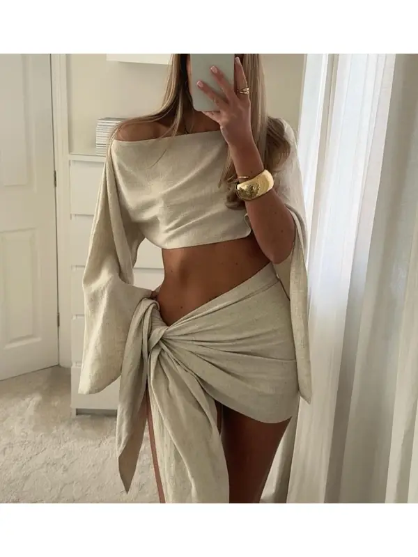 Holiday Style Bohemian Linen Off Shoulder Top Sexy Mini Skirt Set - Cominbuy.com 