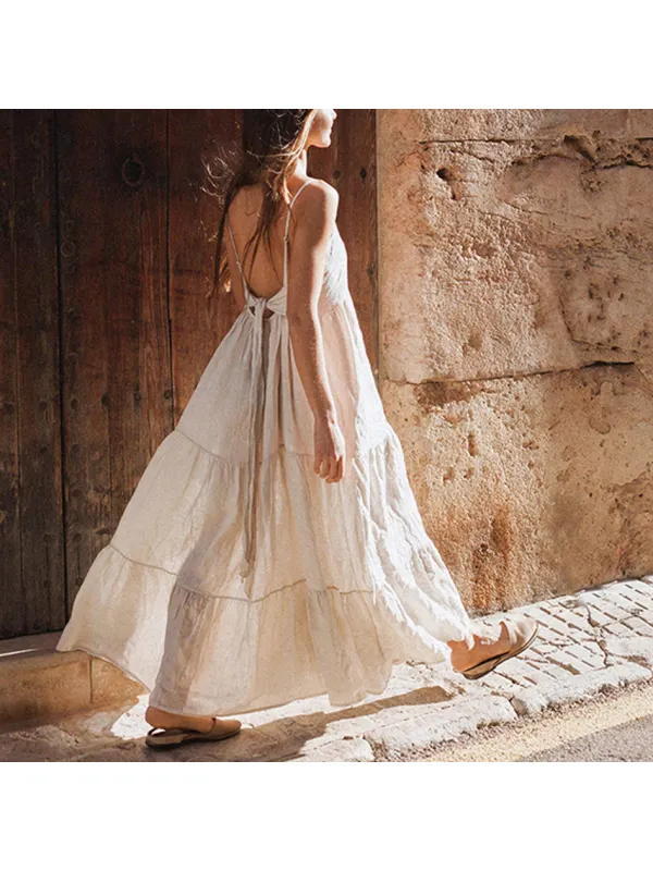 Women's Linen Plain Loose Suspender Dress - Cominbuy.com 