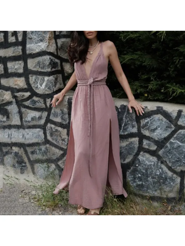 Linen Chic Slit Dress For Women - Cominbuy.com 