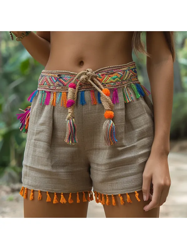 Retro Ethnic Casual Linen Shorts Bohemian Style Shorts Without Belt - Ininrubyclub.com 