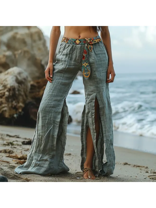 Retro Long Linen Wide Leg Pants For Women Casual Bohemian Long Linen Pants - Cominbuy.com 