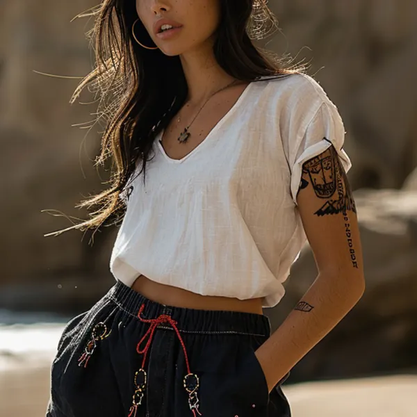 Women's Casual Linen Short Sleeve T-Shirt - Wayrates.com 
