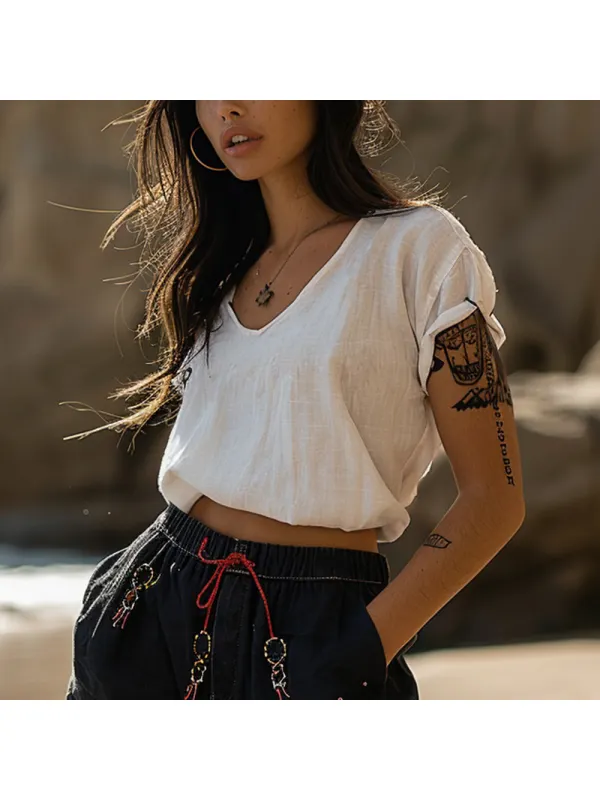 Women's Casual Linen Short Sleeve T-Shirt - Viewbena.com 