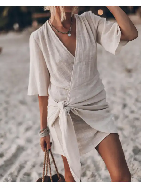 Casual Cotton And Linen Cross V-neck Spring And Summer Short-sleeved Dress - Cominbuy.com 