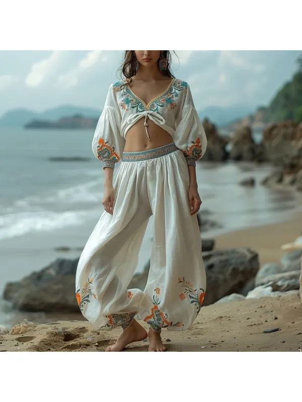 Retro Long Linen Wide Leg Pants For Women Casual Bohemian Long Linen Pants Tropical Vacation Long Sleeve Trousers Suit - Viewbena.com 