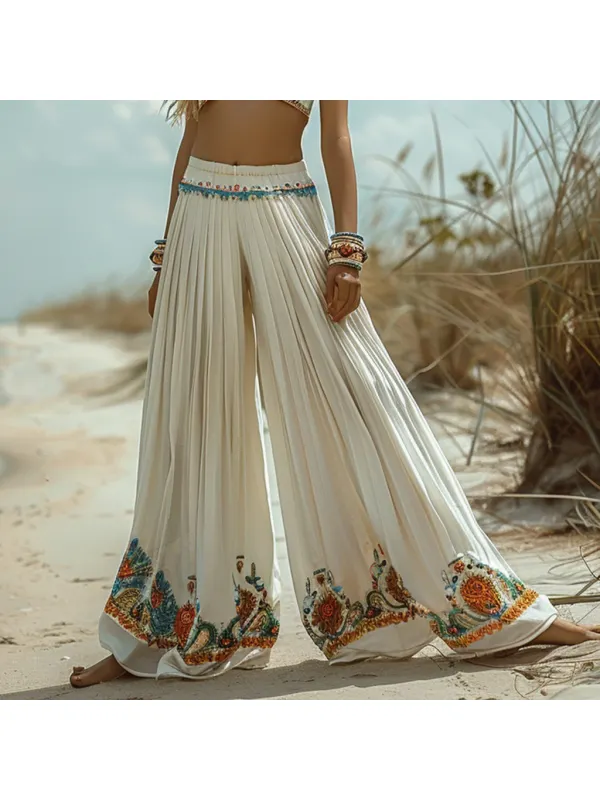 Retro Long Linen Wide-leg Pants For Women, Casual Bohemian Long Linen Pants, Tropical Vacation Long Linen Pants - Cominbuy.com 
