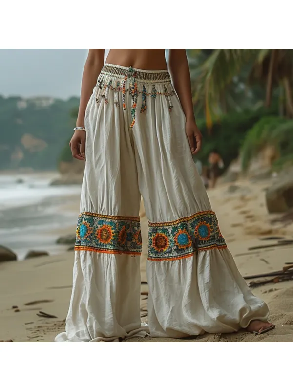 Retro Long Linen Wide-leg Pants For Women, Casual Bohemian Long Linen Pants, Tropical Vacation Long Linen Pants - Cominbuy.com 