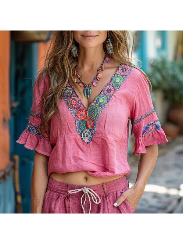 Women's Summer Beach Vacation Ethnic Style Linen Top V-Neck Short Sleeve T-Shirt - Cominbuy.com 