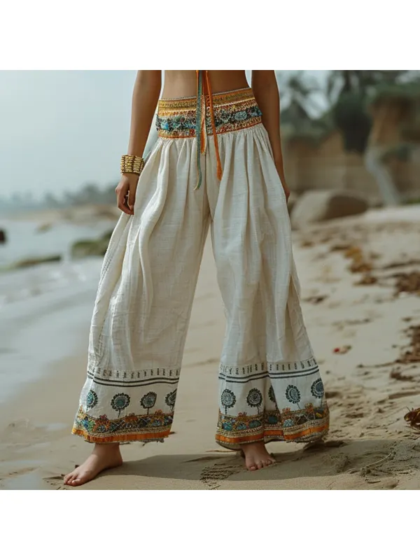 Retro Long Linen Wide-leg Pants For Women, Casual Bohemian Long Linen Pants, Tropical Vacation Long Linen Pants - Viewbena.com 