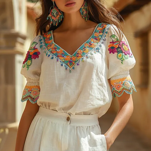 Women's Summer Beach Vacation Ethnic Linen Top V-Neck T-Shirt - Yiyistories.com 