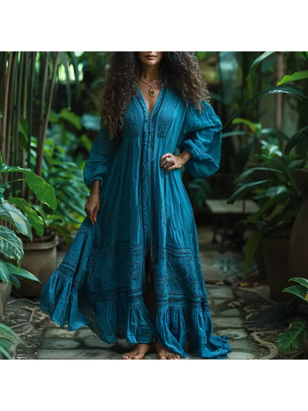 Women's Linen Retro Ethnic Style Oversized Comfortable Breathable Dress Holiday Comfortable Casual Long Shirt Dress - Realyiyishop.com 