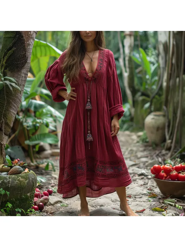 Women's Linen Retro Ethnic Style Oversized Comfortable Breathable Dress Holiday Comfortable Casual Long Shirt Dress - Realyiyishop.com 