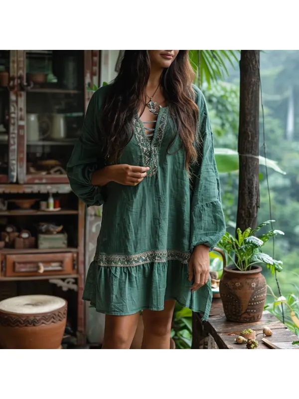 Women's Linen Retro Ethnic Style Oversized Comfortable Breathable Dress Holiday Comfortable Casual Dress - Realyiyishop.com 