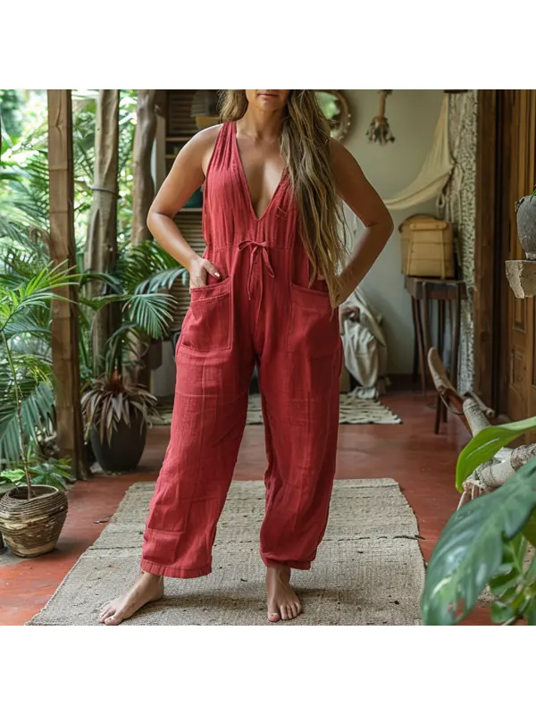 Plus Size Women's Linen Retro Ethnic Style Oversized Comfort Breathable V-Neck Sleeveless Vest Jumpsuit Holiday Comf - Viewbena.com 