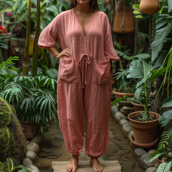 Plus Size Women's Linen Retro Ethnic Style Oversized Comfortable Breathable V-Neck Jumpsuit Holiday Comfortable Casual J - Yiyistories.com 