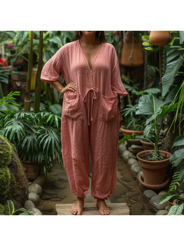 Plus Size Women's Linen Retro Ethnic Style Oversized Comfortable Breathable V-Neck Jumpsuit Holiday Comfortable Casual J - Viewbena.com 