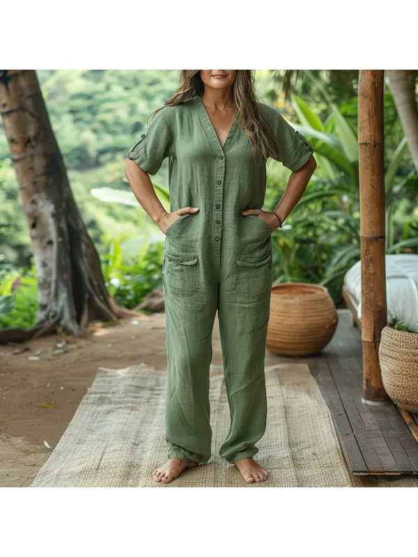 Plus Size Women's Linen Retro Ethnic Style Oversized Comfortable Breathable V-Neck Jumpsuit Holiday Comfortable Casual J - Cominbuy.com 