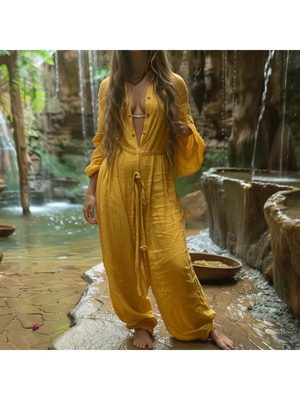 Women's Linen Retro Ethnic Style Large Silhouette Comfortable Breathable V-neck Jumpsuit Holiday Comfortable Casual Long - Realyiyi.com 