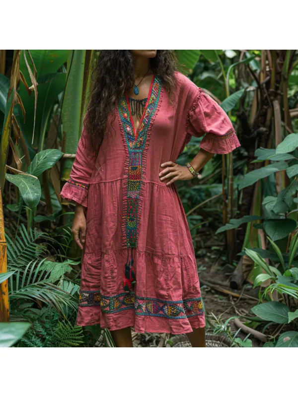 Women's Linen Retro Ethnic Style Oversized Comfortable Breathable Dress Holiday Comfortable Casual Dress - Hoplady.chimpone.com 