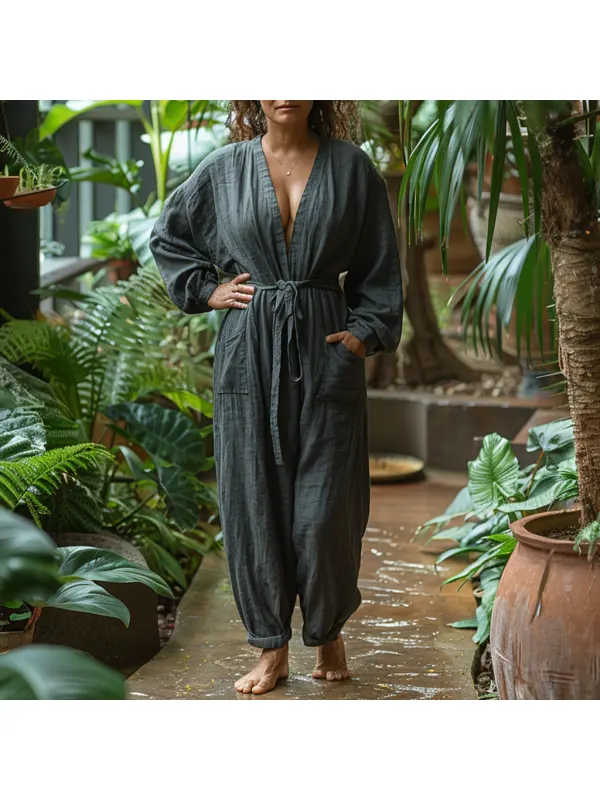 Plus Size Women's Linen Retro Ethnic Style Oversized Comfortable Breathable V-Neck Jumpsuit Holiday Comfortable Casual J - Realyiyi.com 