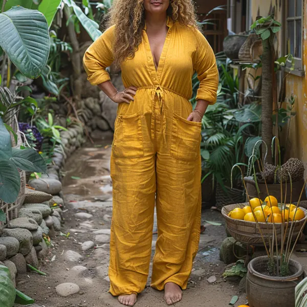 Plus Size Women's Linen Retro Ethnic Style Oversized Comfortable Breathable V-Neck Jumpsuit Holiday Comfortable Casual J - Yiyistories.com 