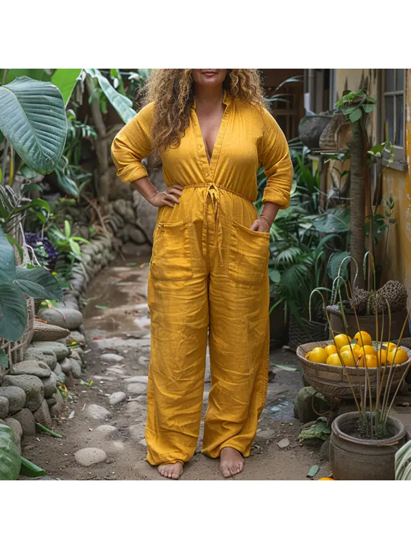 Plus Size Women's Linen Retro Ethnic Style Oversized Comfortable Breathable V-Neck Jumpsuit Holiday Comfortable Casual J - Realyiyi.com 