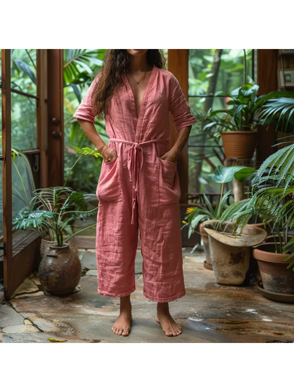 Women's Linen Retro Ethnic Style Large Silhouette Comfortable Breathable V-neck Jumpsuit Holiday Comfortable Casual Long - Cominbuy.com 