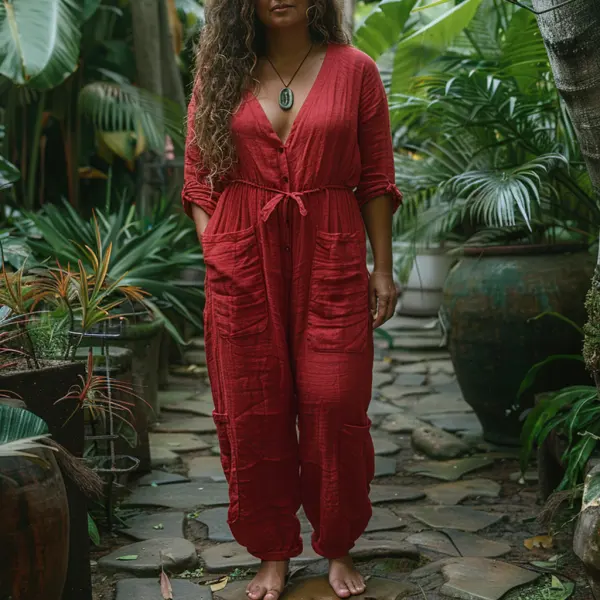 Plus Size Women's Linen Retro Ethnic Style Oversized Comfortable Breathable V-Neck Jumpsuit Holiday Comfortable Casual J - Yiyistories.com 