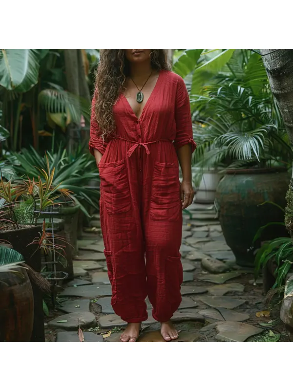 Plus Size Women's Linen Retro Ethnic Style Oversized Comfortable Breathable V-Neck Jumpsuit Holiday Comfortable Casual J - Realyiyishop.com 