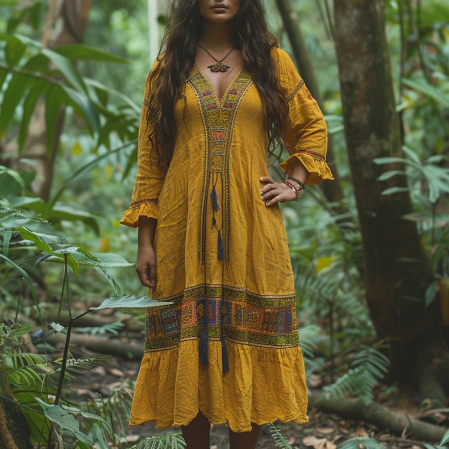 

Women's Summer Retro Loose And Comfortable Bohemian Long-sleeved Dress