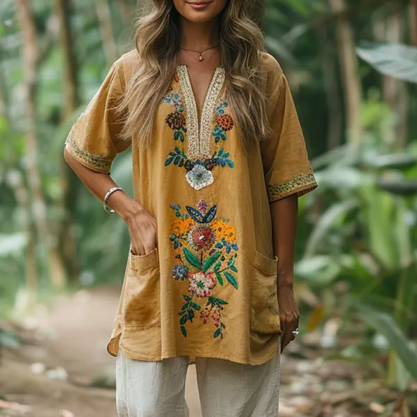 Retro Loose Comfortable And Breathable Ethnic Style Linen V-neck Short-sleeved Top - Anurvogel.com 