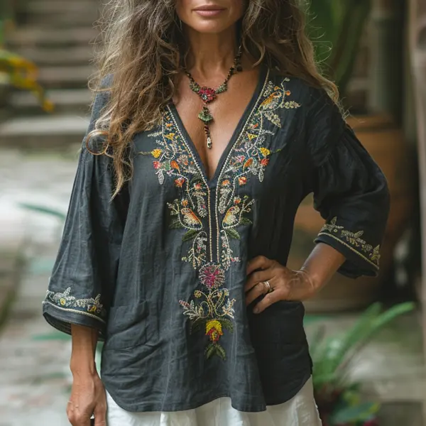 Retro Loose Comfortable And Breathable Ethnic Style Linen V-neck Short-sleeved Top - Menzfolk.com 