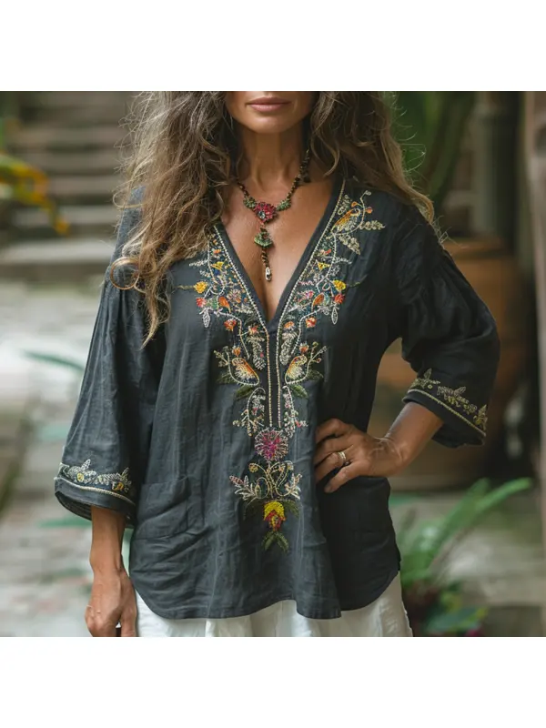 Retro Loose Comfortable And Breathable Ethnic Style Linen V-neck Short-sleeved Top - Viewbena.com 