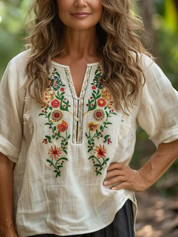 Retro Loose Comfortable And Breathable Ethnic Style Linen V-neck Short-sleeved Top - Sunshinetip.com 
