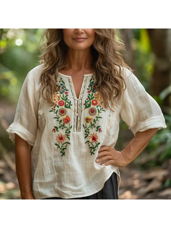 Retro Loose Comfortable And Breathable Ethnic Style Linen V-neck Short-sleeved Top - Realyiyishop.com 