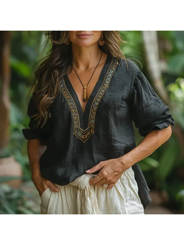 Retro Loose Comfortable And Breathable Ethnic Style Linen V-neck Short-sleeved Top - Anrider.com 