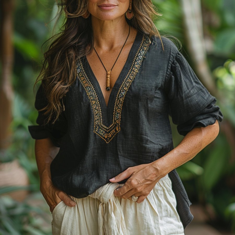 

Retro Loose Comfortable And Breathable Ethnic Style Linen V-neck Short-sleeved Top