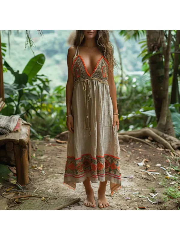 Women's Summer Retro Loose And Comfortable Bohemian Suspender Dress Long Skirt - Viewbena.com 