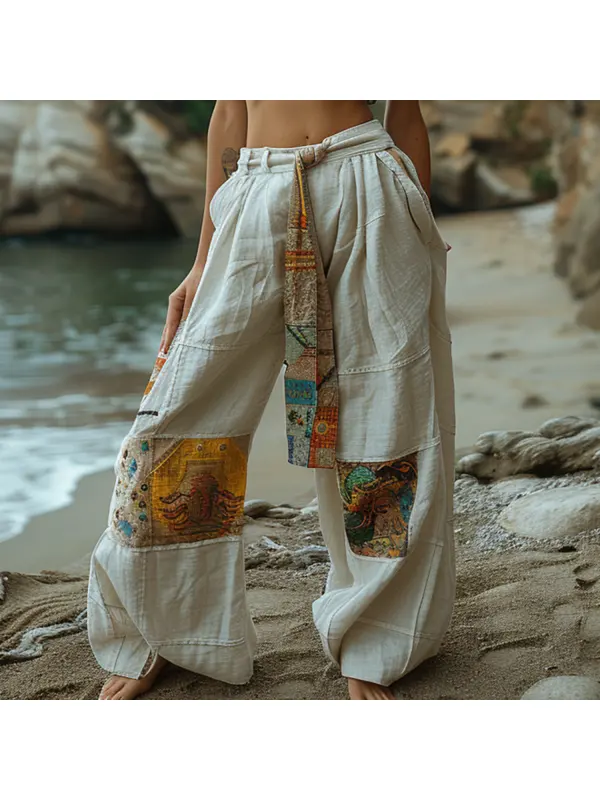 Resort Linen Ethnic Print Loose Trousers - Viewbena.com 